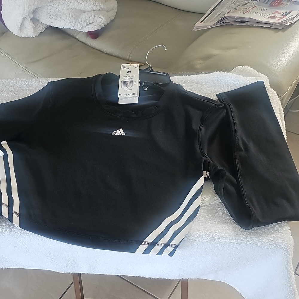 adidas Black Crop Top with White Stripes